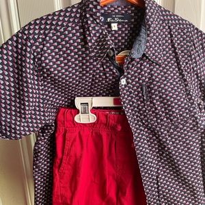 Boys 2 piece red shorts and navy blue button